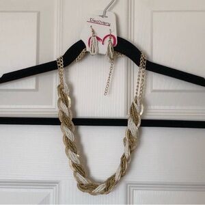 Gold and White Braided Statement Necklace with Matching Earrings